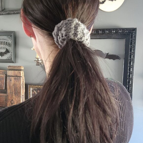 Handmade Accessories - Knit Hair Scrunchie, Gray, Handknit Ponytail Holder, "Storm Cloud" Hair Tie Band
